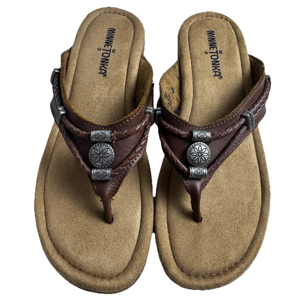 Minnetonka Women's Leather Thong Sandals Southwest/Native 360 Comfort Size 7 EUC - Picture 9 of 9